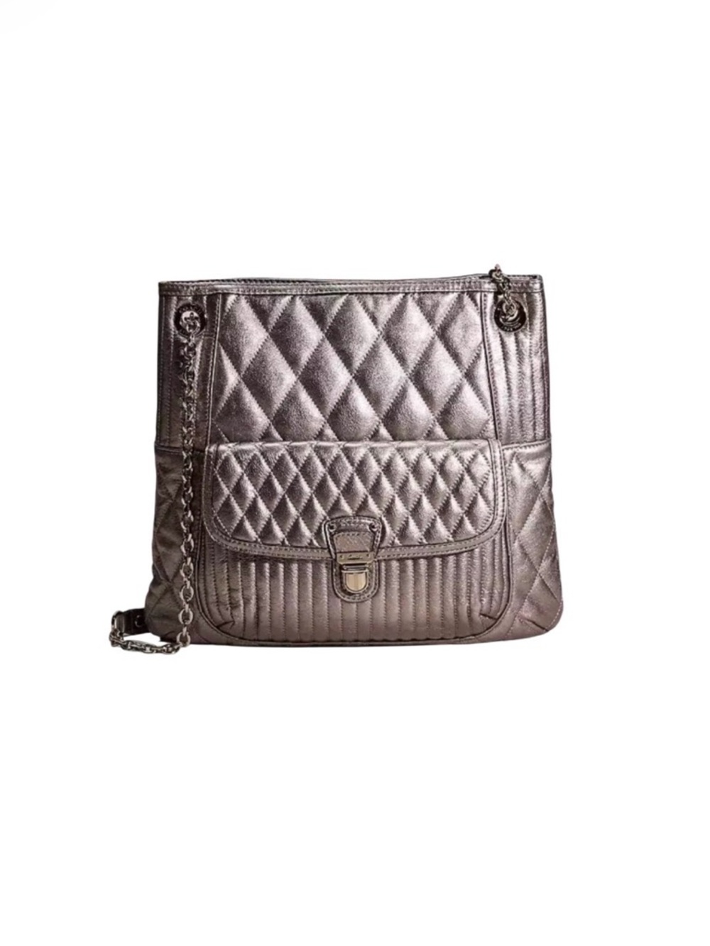 COACH Poppy Slim Tote Silver Anthracite Shoulder Bag Crossbody Quilted